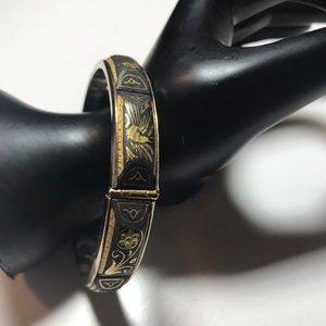 Damascene Bracelet Real Gold Inlay Cuff Bangle 7.5”L Safety Chain